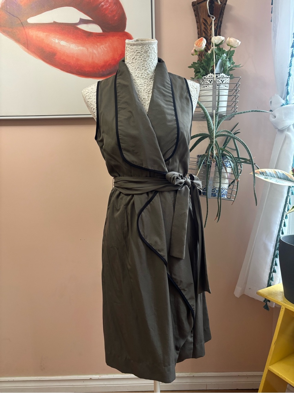 Vintage Y2K Skunkfunk Olive Green Wrap Dress with Black Trim
